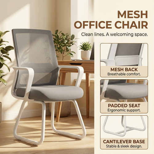 Modern Mesh Office Chair with Loop Armrests – White & Gray