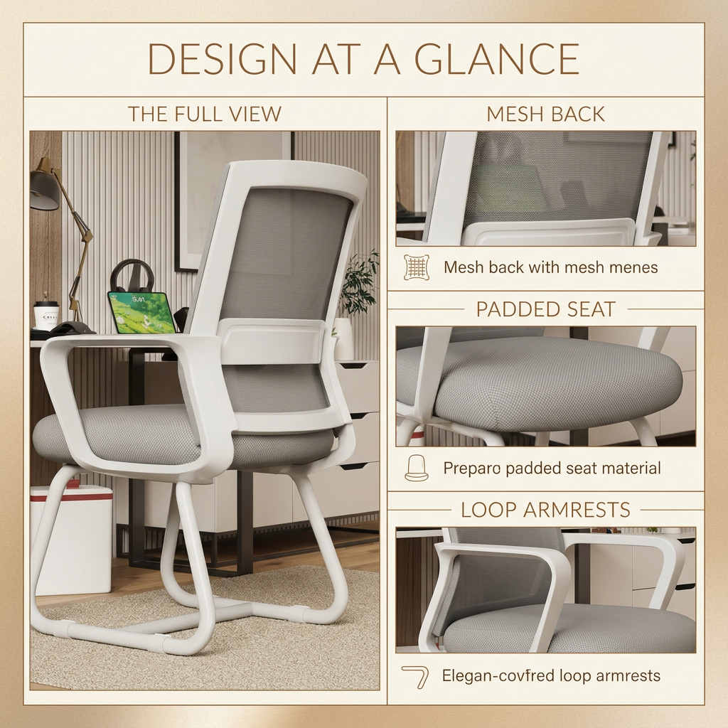 Modern Mesh Office Chair with Loop Armrests – White & Gray