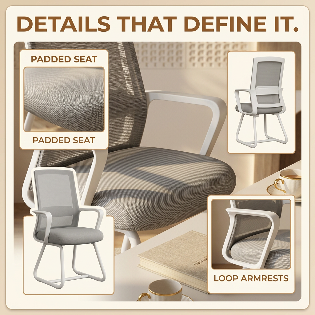 Modern Mesh Office Chair with Loop Armrests – White & Gray
