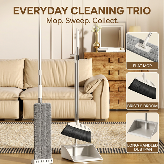 3-Piece Cleaning Set with Flat Mop, Broom & Long-Handled Dustpan