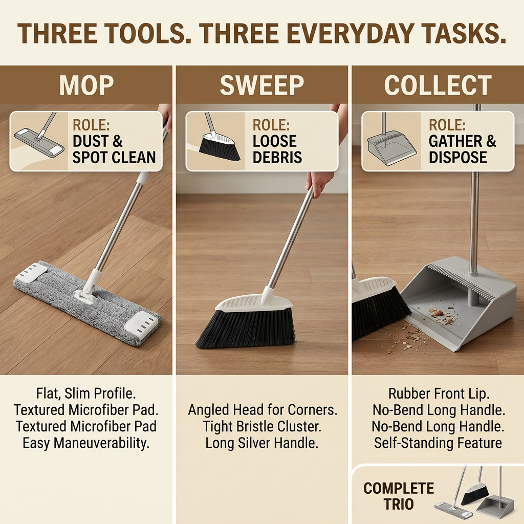 3-Piece Cleaning Set with Flat Mop, Broom & Long-Handled Dustpan
