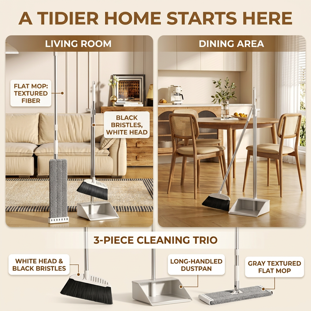3-Piece Cleaning Set with Flat Mop, Broom & Long-Handled Dustpan