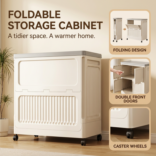 Foldable Storage Cabinet with Double Doors & Wheels – Cream