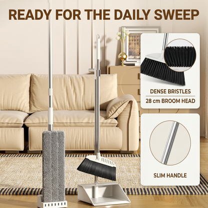 3-Piece Cleaning Set with Flat Mop, Broom & Long-Handled Dustpan