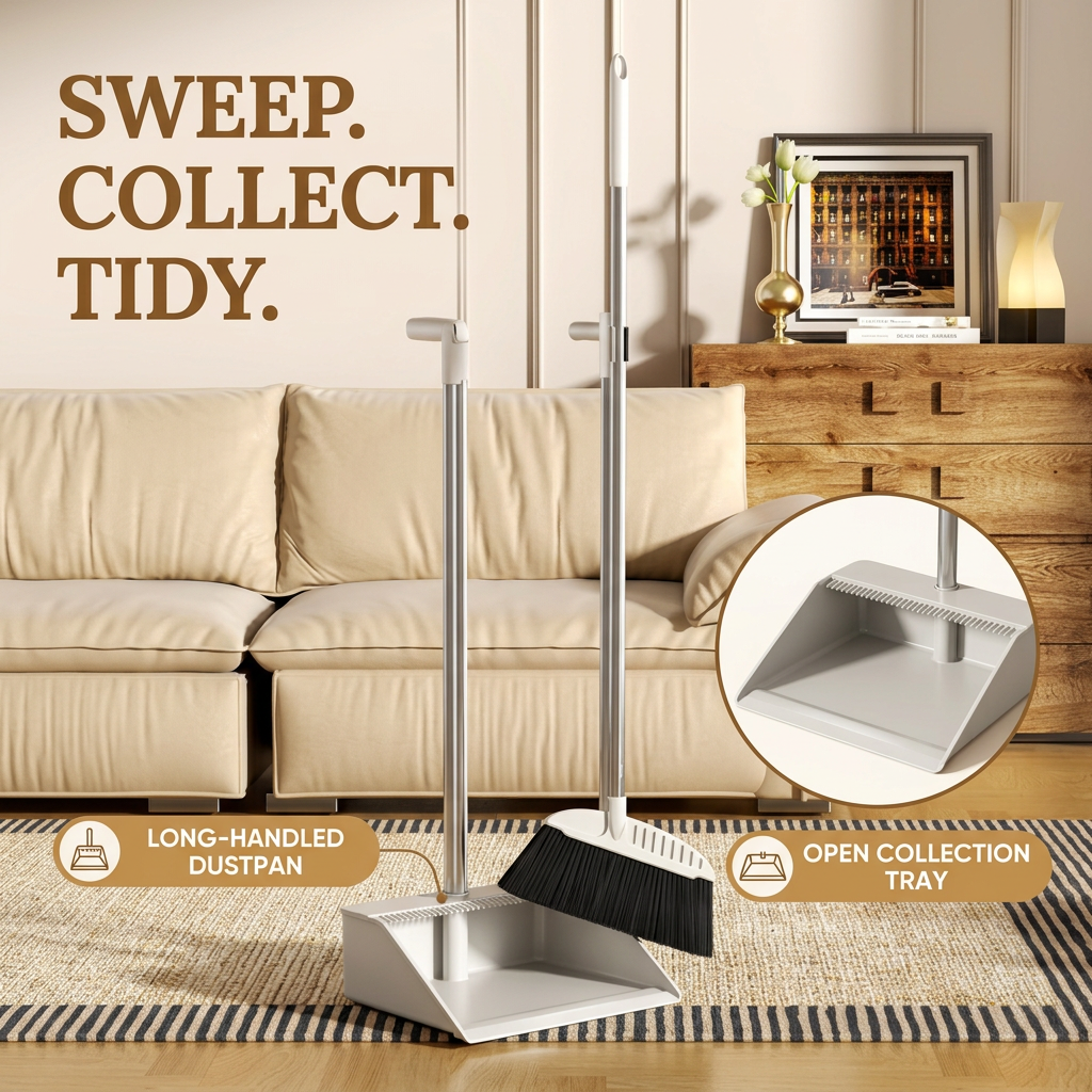 3-Piece Cleaning Set with Flat Mop, Broom & Long-Handled Dustpan